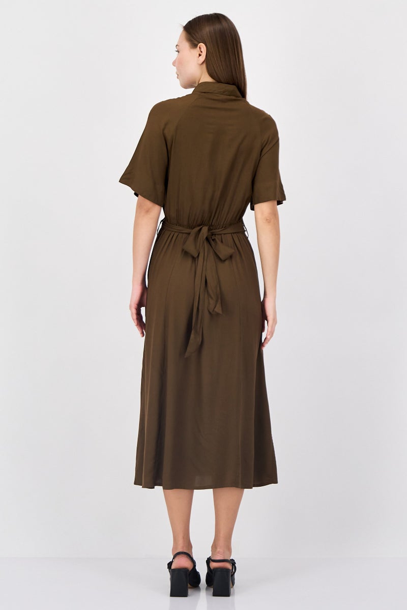 ANNE KLEIN فستان ميدي كاجوال نسائي سادة، بني - Image 3